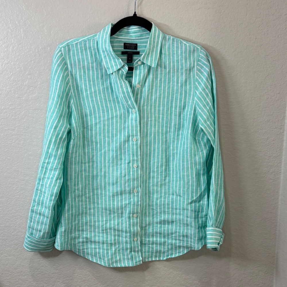 J.Crew Baird McNutt Irish Linen Perfect Shirt Aqua White Button Coastal Preppy 6